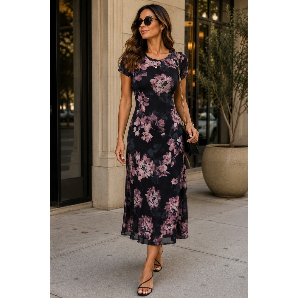 Rachel Zoe Black Lavender Floral Mesh Midi Dress Size M Sheer Romantic Chic Y2K